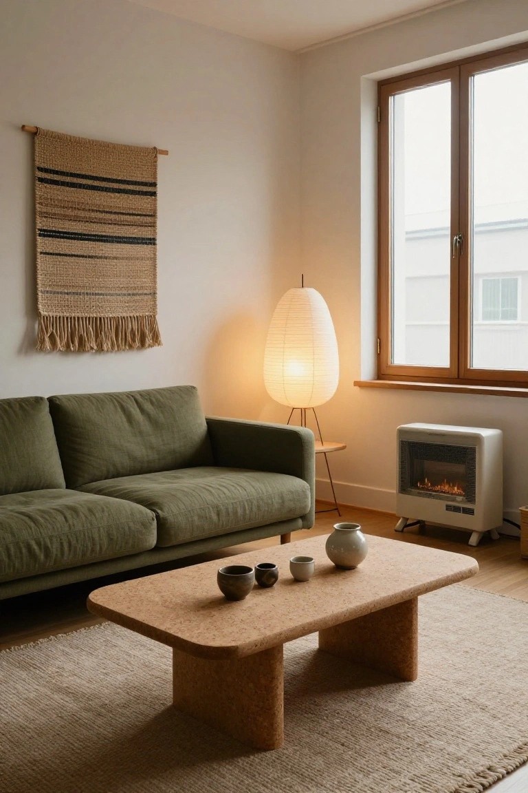 A living room corner with green sofa, low rectangular cork coffee table topped with teacups and vase, woven wall hanging, paper lantern floor lamp, white electric fireplace, and double window.