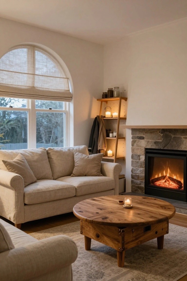 Cozy living room corner featuring a beige linen sofa, round rustic wooden coffee table, inset stone fireplace with orange flames, ladder shelf with candles and jars, and arched window with linen blinds.