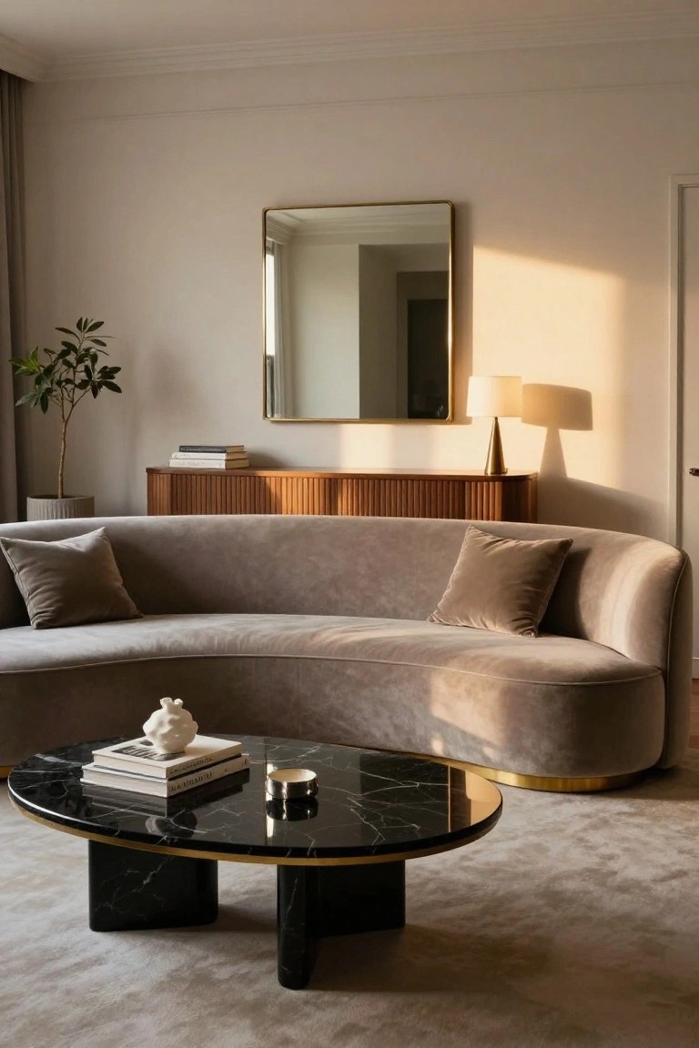 Modern living room with curved light gray velvet sofa, oval black marble coffee table with gold-edged base and legs, wooden slatted credenza topped with books, potted olive tree, gold-framed mirror, white table lamp, and beige rug against pale walls.