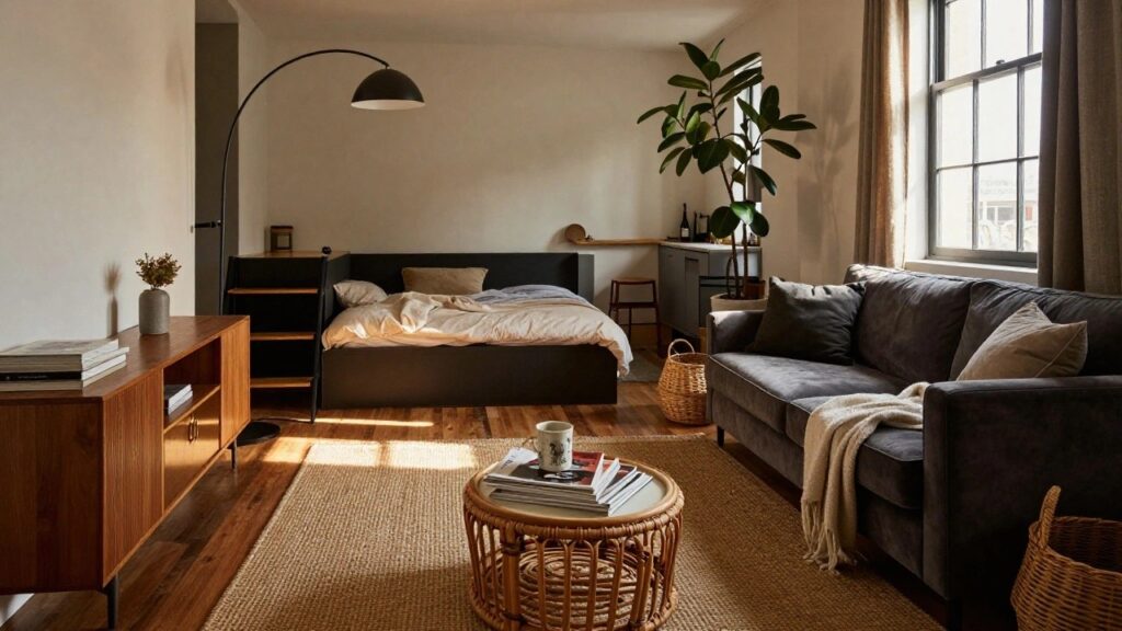 20 Cozy Studio Apartment Living Room Ideas That Work in Tight Spaces A studio apartment living room with a wooden bunk bed featuring a ladder and storage below, gray velvet sofa, rattan coffee table with books and mugs, potted plants, and two large windows.