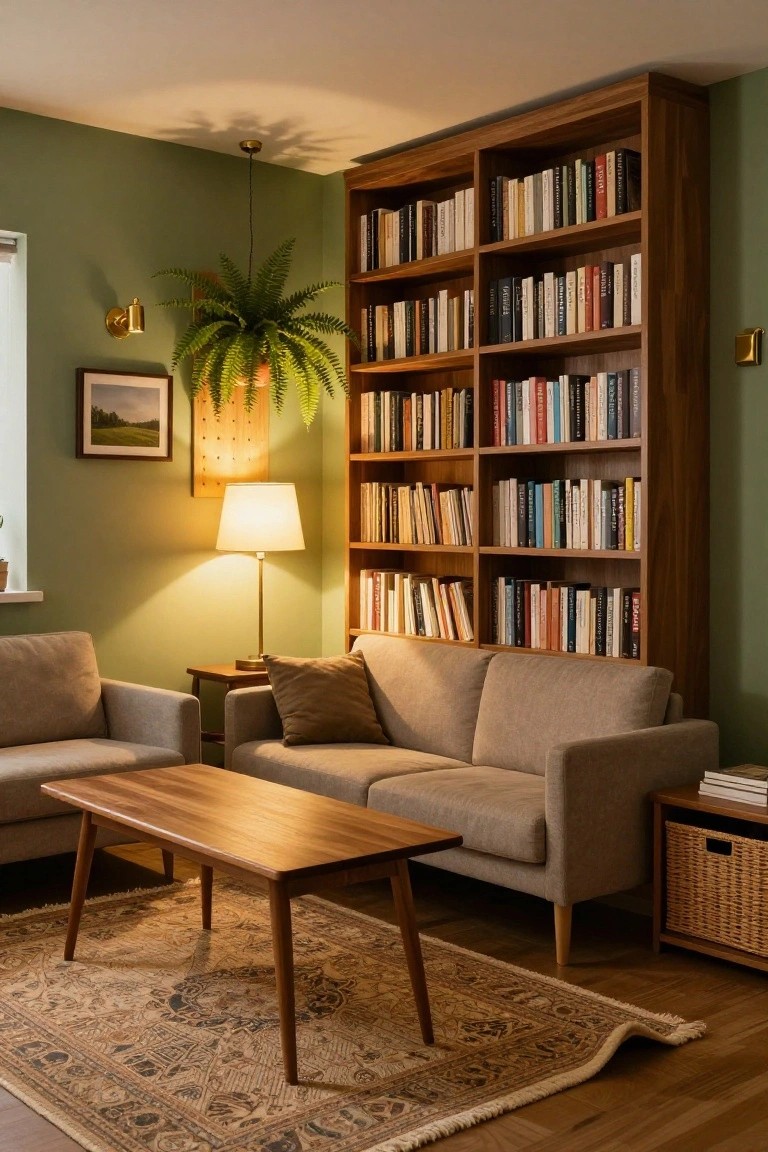 Cozy living room corner with tall wooden bookshelves filled with books flanking a beige sofa and wooden coffee table, green walls, floor lamp, hanging plant, and patterned rug on wood floors.