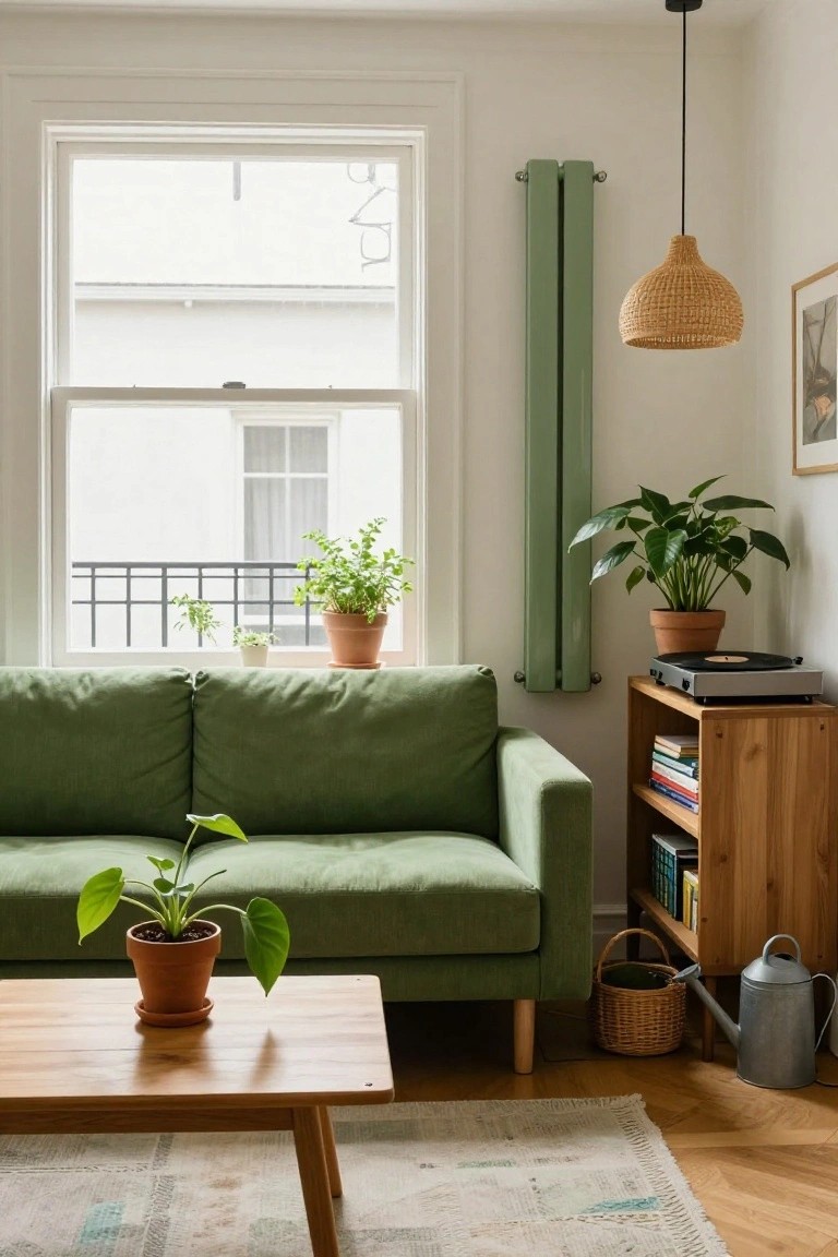Bright living room with green corduroy sofa, wooden coffee table holding potted plant, wooden shelf with turntable and books, green column radiator, multiple potted plants near window and on floor, rattan pendant light, and parquet flooring.