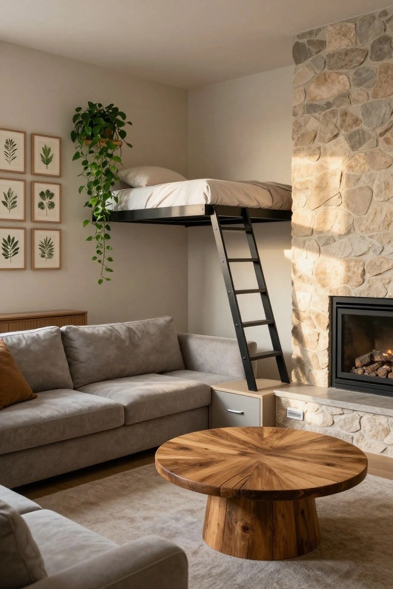 Living room corner with elevated white-sheeted loft bed on black metal frame accessed by ladder, gray L-shaped sofa, round wooden coffee table, stone fireplace, hanging plants, and wall art.