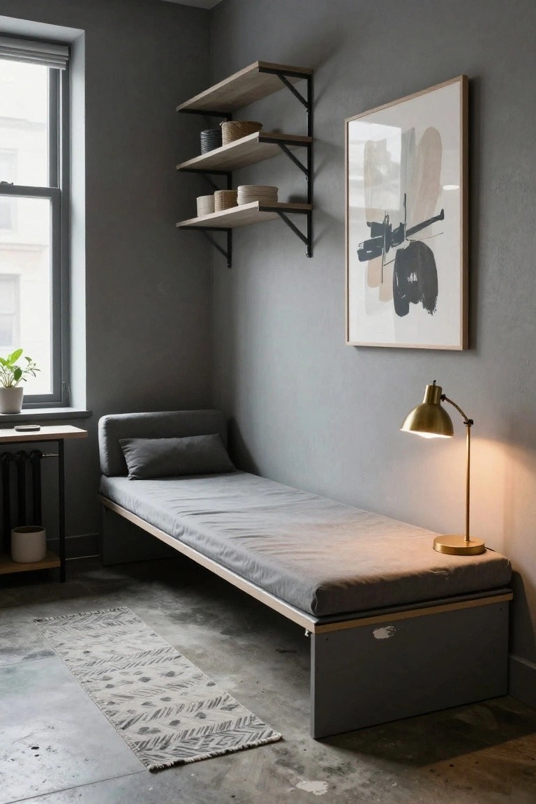 Gray studio room interior with a low wooden daybed covered in gray fabric, floating oak shelves holding ceramics and baskets, a brass desk lamp, and a potted plant by a window.