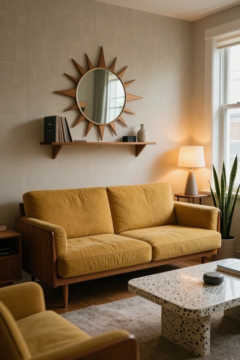 Living room with mustard yellow velvet sofa and armchair on wooden frames, sunburst mirror on beige patterned wall, floating shelf with books and vase, lamp and snake plant beside sofa, terrazzo coffee table on rug.