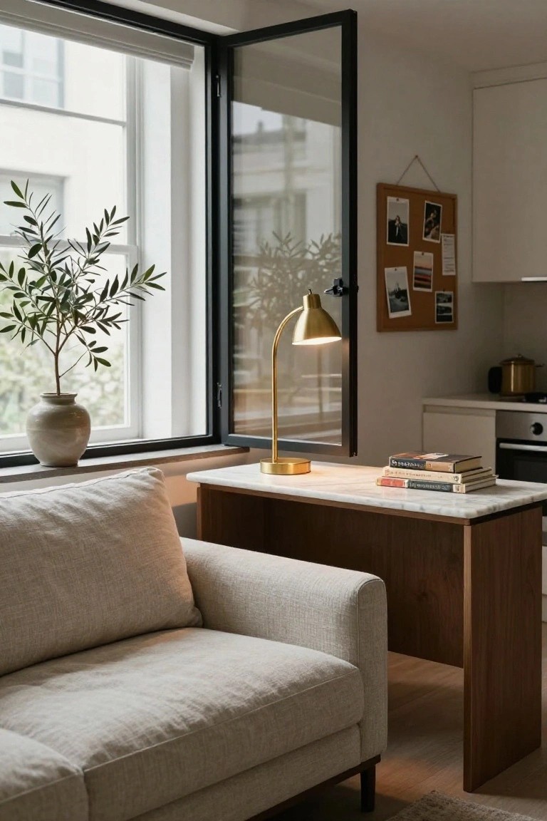 Beige sofa positioned next to a wooden desk with marble top and gold lamp on it, olive tree in terracotta pot by open window, books stacked on desk, corkboard on wall, and white kitchen cabinets visible in background.