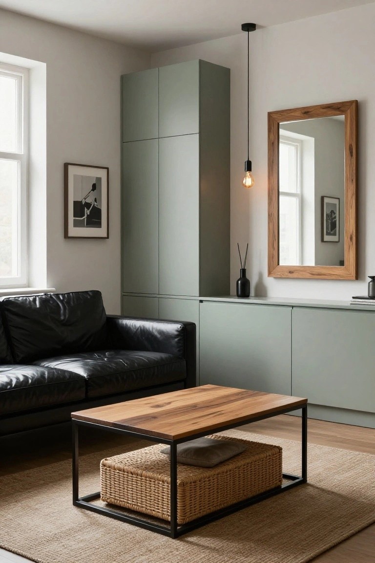 Living room with sage green full-height cabinets along one wall, black leather sofa, rectangular coffee table with black metal frame and woven basket underneath, wooden mirror on wall, pendant light, and jute rug on wood floor.