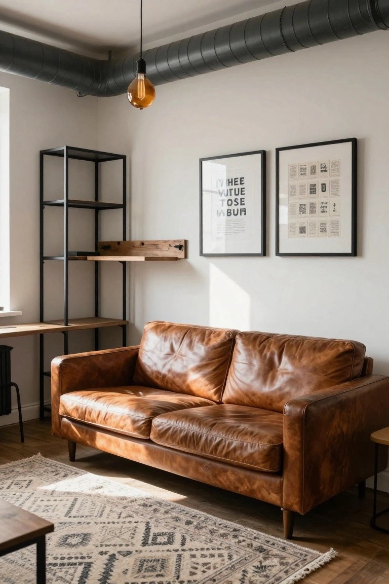 Bright indoor living room with tan leather sofa, black metal shelving unit with wood accents and desk extension, patterned rug, coffee table, wall art, and hanging orange bulb light.