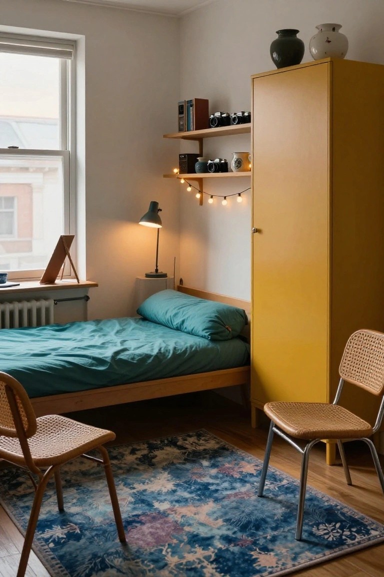 A small bedroom interior with a tall yellow wardrobe next to a teal bed on a wooden frame, two wicker chairs on a blue rug, shelves with books and cameras, a desk lamp, and a window.