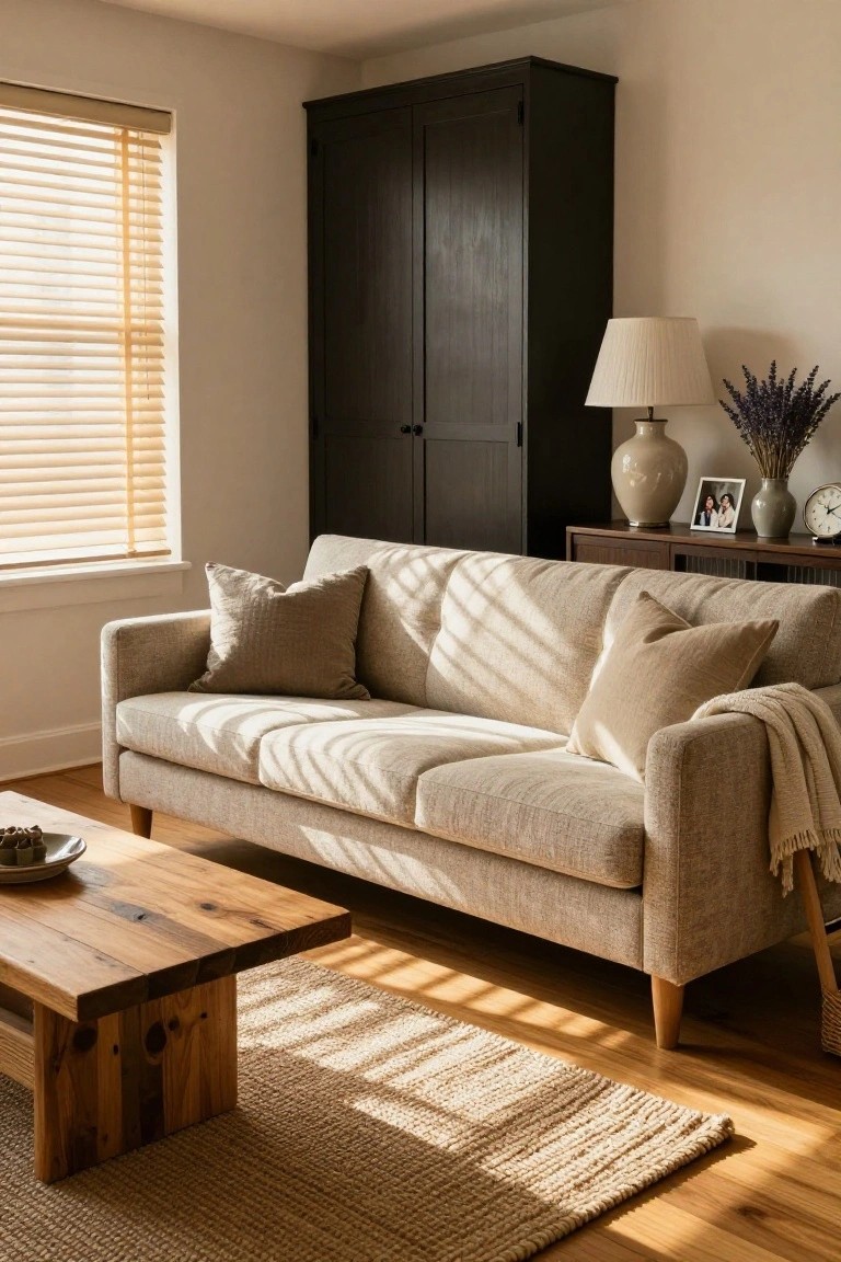 Sunlit living room with light beige textured sofa topped with pillows and throw, wooden coffee table holding a plate, seagrass rug on hardwood floor, black wardrobe, sideboard with lamps, lavender bouquet, clock, and frame next to window with slatted blinds.