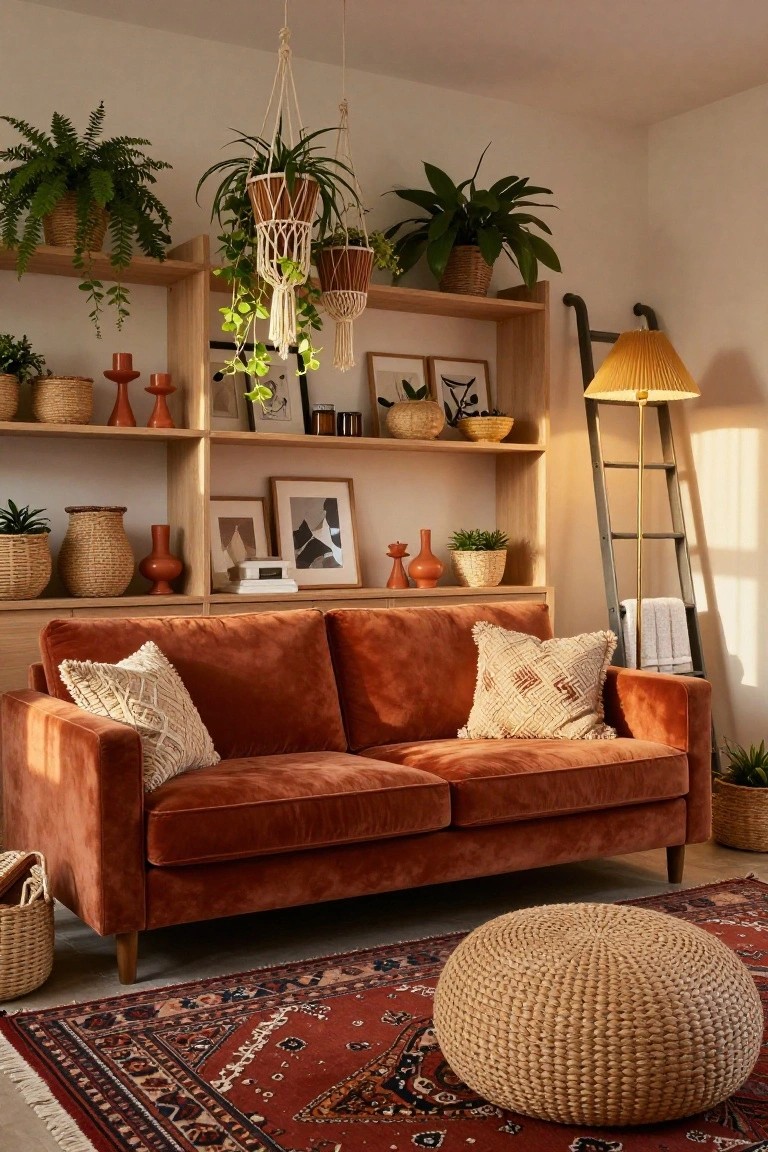A cozy living room with a burnt orange velvet sofa, wooden open shelving unit displaying plants, baskets, candles, and art, hanging macrame planters, a woven pouf on a red patterned rug, and a ladder floor lamp.