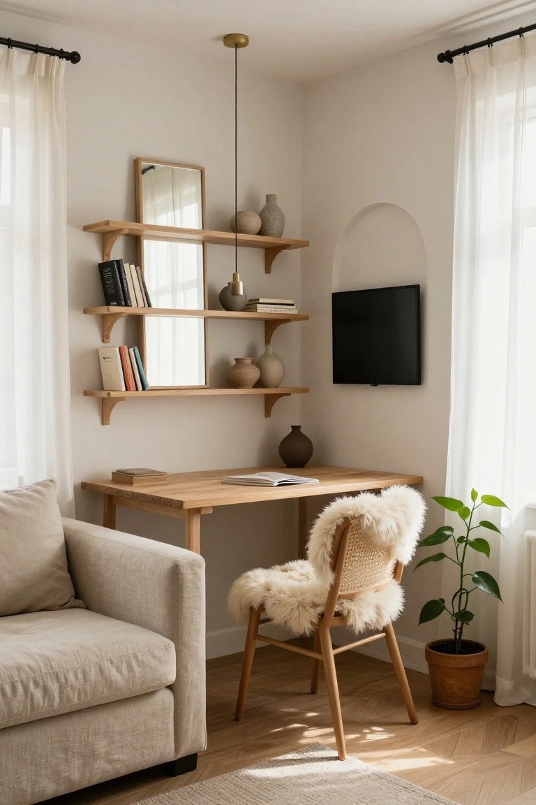 Wooden wall-mounted shelves with books, vases, and a mirror above a wooden desk and rattan chair with white sheepskin in a corner next to a beige sofa, potted plant, TV on wall, sheer curtains, and oak flooring.