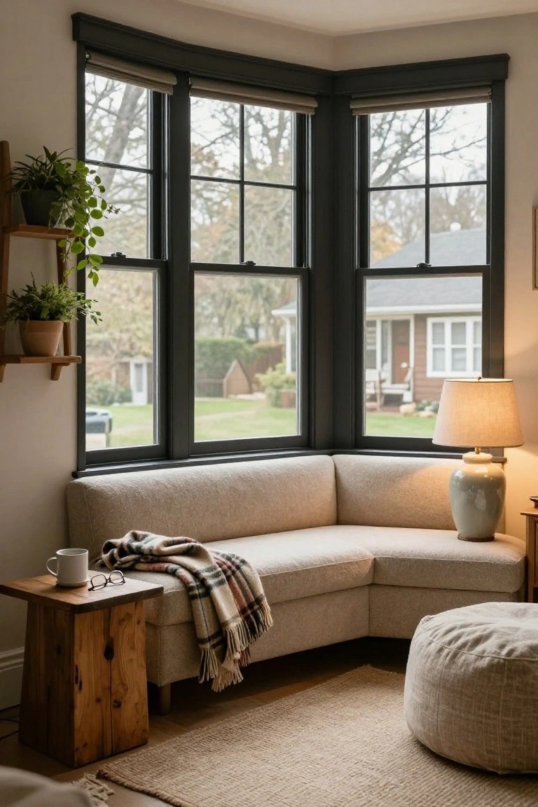 Light beige corner sofa with plaid throw in a bay window nook, black-framed triple windows showing trees and houses outside, wall shelves with potted plants, wooden side table holding white mug and glasses, ceramic lamp, and large beige pouf on beige rug.