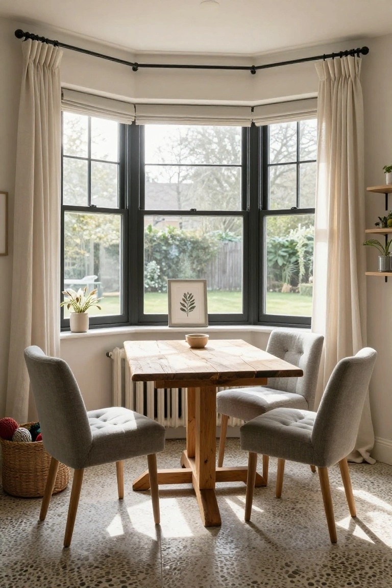 Sunroom bay window with sheer curtains, wooden rectangular table, four gray tufted chairs, potted plants, and garden view outside.