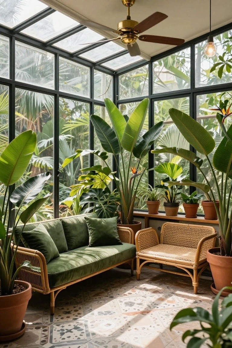 Glass-walled sunroom filled with tall tropical plants like banana leaves and palms, green velvet L-shaped sofa on rattan frame, wicker armchair, potted plants on shelves, brass ceiling fan, and terracotta tile floor.