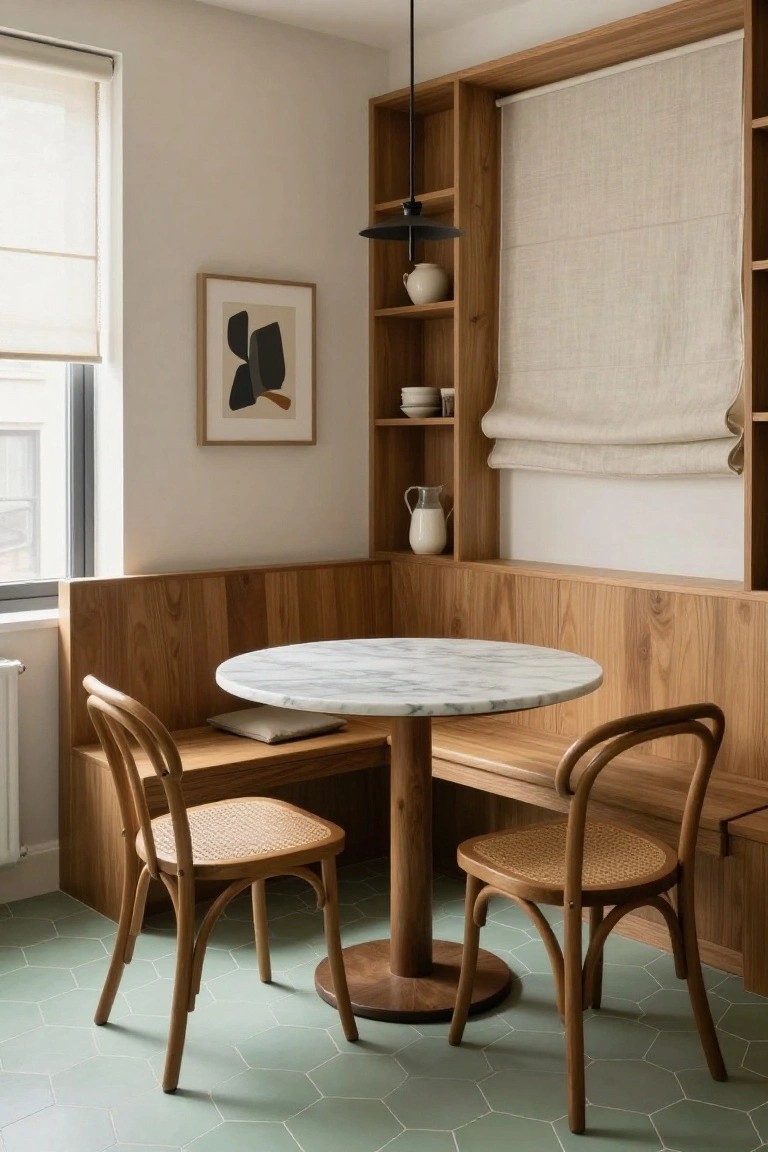 Indoor breakfast nook with built-in wooden banquette seating, round white marble table on wooden pedestal, two rattan chairs, wooden shelves with ceramics, beige cushions, mint green hexagonal floor tiles, and a window with roller shade.