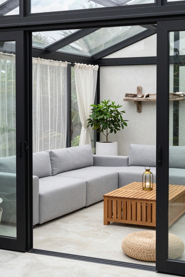 Sunroom interior with black metal-framed glass enclosure, gray L-shaped sectional sofa, low slatted wooden coffee table, white potted plant, sheer curtains, gold lantern, driftwood shelf, and woven pouf on polished concrete floor.