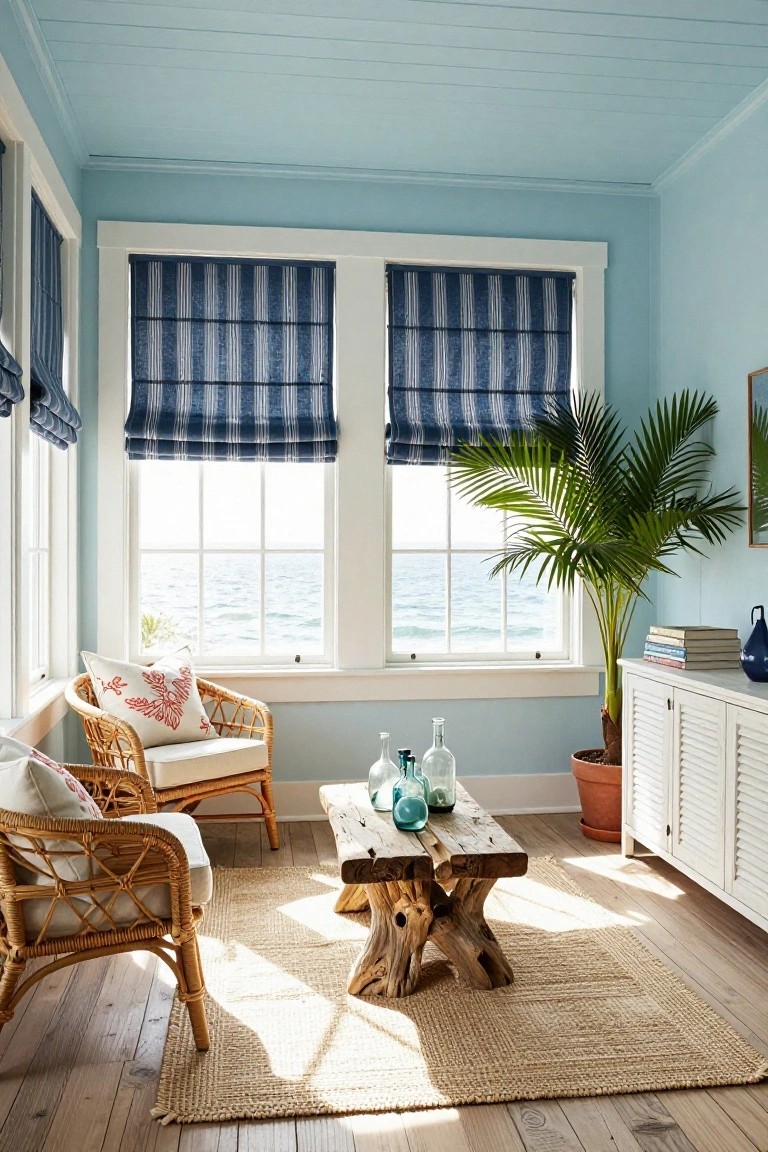 Sunroom interior with light blue walls and ceiling, blue striped roman shades on double-hung windows overlooking the ocean, rattan armchair with coral-patterned pillow, driftwood coffee table holding blue glass bottles, potted palm plant next to white cabinetry, and seagrass rug on wood floors.