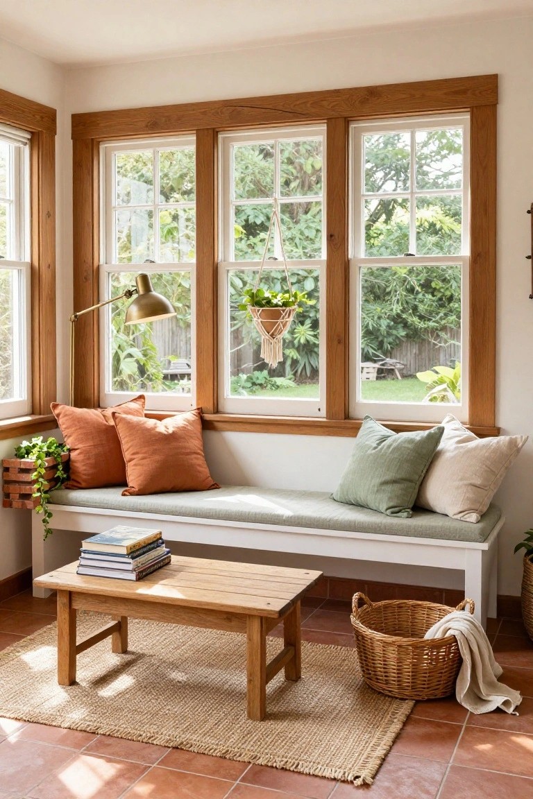 Sunroom corner with a cushioned white bench under triple windows, orange and green pillows, wooden coffee table with stacked books, hanging and potted plants, wicker basket with throw, and seagrass rug on terracotta tile floor.