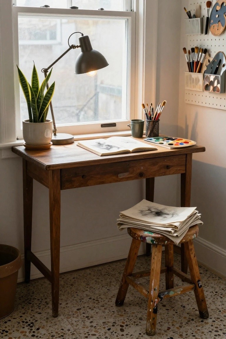 Wooden desk with open sketchbook, watercolor paints, brushes, and mug next to a window, snake plant in white pot, desk lamp, and paint-splattered stool in corner room with pegboard wall.