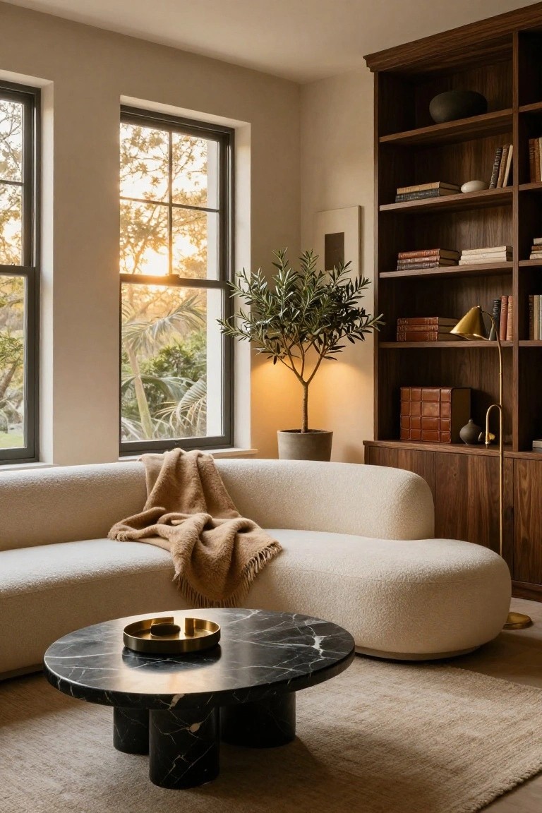 Sunlit living room with curved white bouclé sofa draped in a tan throw blanket, black marble pedestal coffee table holding a gold tray, wooden built-in bookshelves filled with books and decor, potted olive tree floor lamp, and large windows showing garden view.