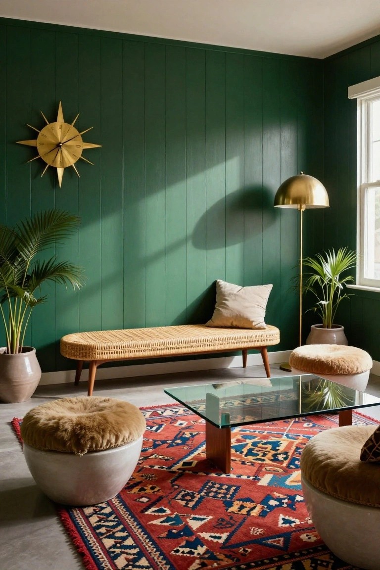 Indoor room with emerald green vertical paneled walls, sunlight through window, gold starburst clock on wall, gold arched floor lamp, rattan bench with beige pillow, glass coffee table, two sheepskin ottomans on white pots, potted palm plants, and colorful patterned rug.