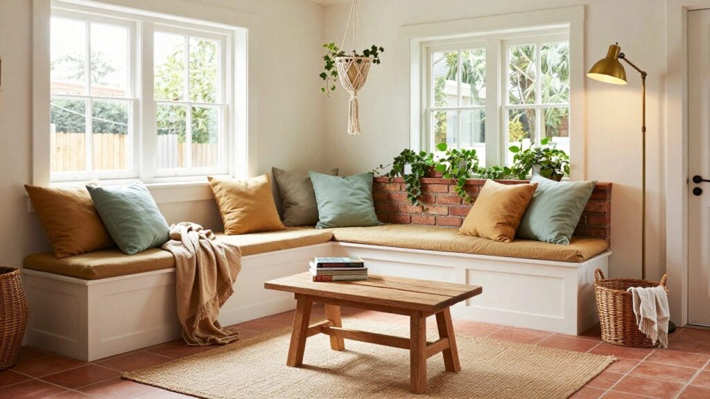 Sunroom corner with a cushioned white bench under triple windows, orange and green pillows, wooden coffee table with stacked books, hanging and potted plants, wicker basket with throw, and seagrass rug on terracotta tile floor.
