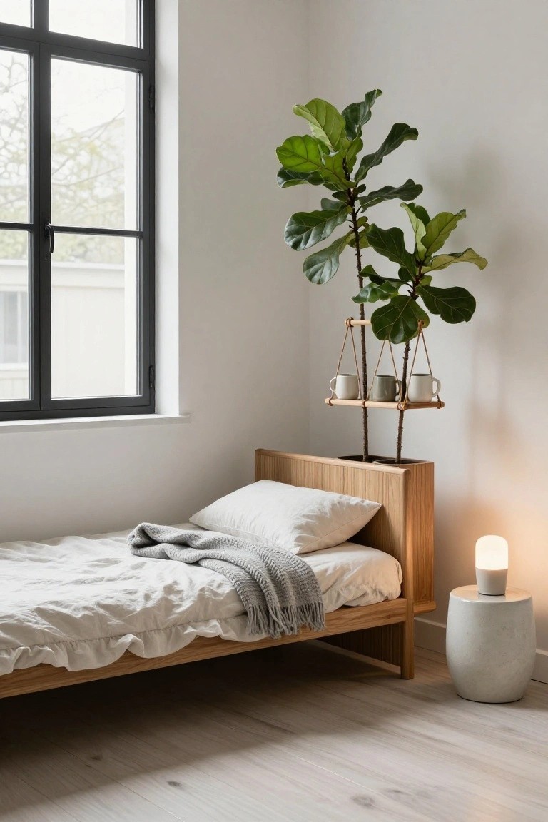 Bedroom corner featuring a low wooden platform bed with white sheets and gray throw, a concrete stool with white lamp, and a large fiddle leaf fig plant suspended by ropes from branches with wooden shelves holding two mugs, next to a black-framed window.
