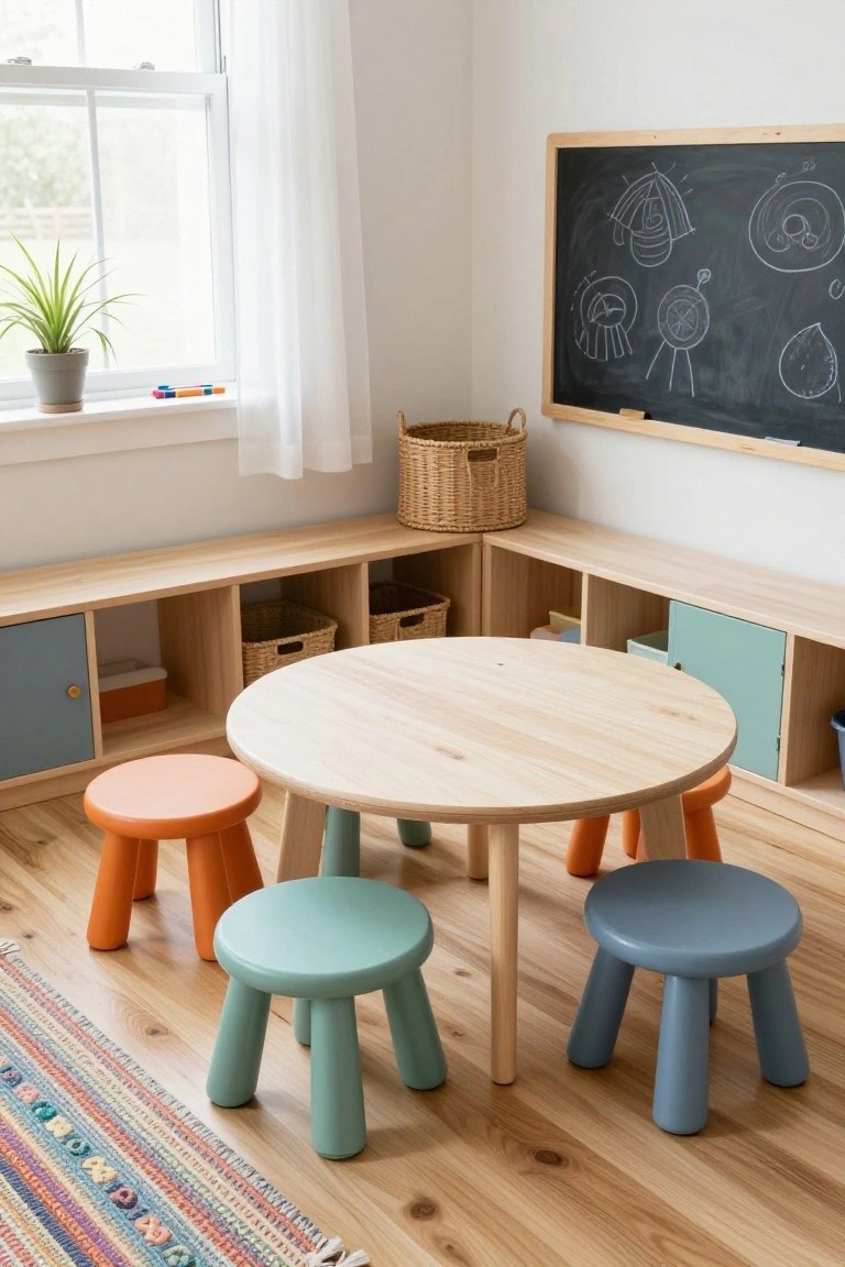 Indoor corner play area with a round wooden table, orange, green, and blue stools, surrounding wooden storage cubbies and cabinets with baskets, a blackboard on the wall, and a potted plant by the window.