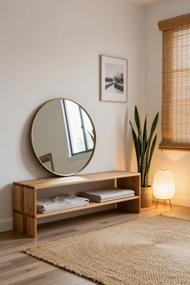 Corner of a light interior room with a large round gold-framed mirror on the wall above a wooden bench with open shelves holding folded white linens, a potted snake plant, a white paper lantern lamp on a metal stand, bamboo window shade, and a round jute rug on light wood floors.