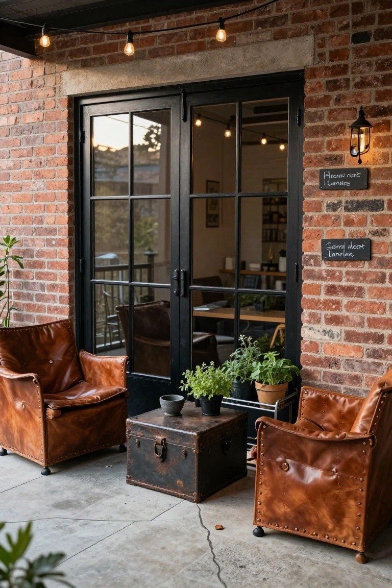 Outdoor concrete patio with two tan tufted leather armchairs facing each other around a black metal trunk table, potted plants on the ground, string lights overhead, black French doors in brick wall, and chalkboard signs.