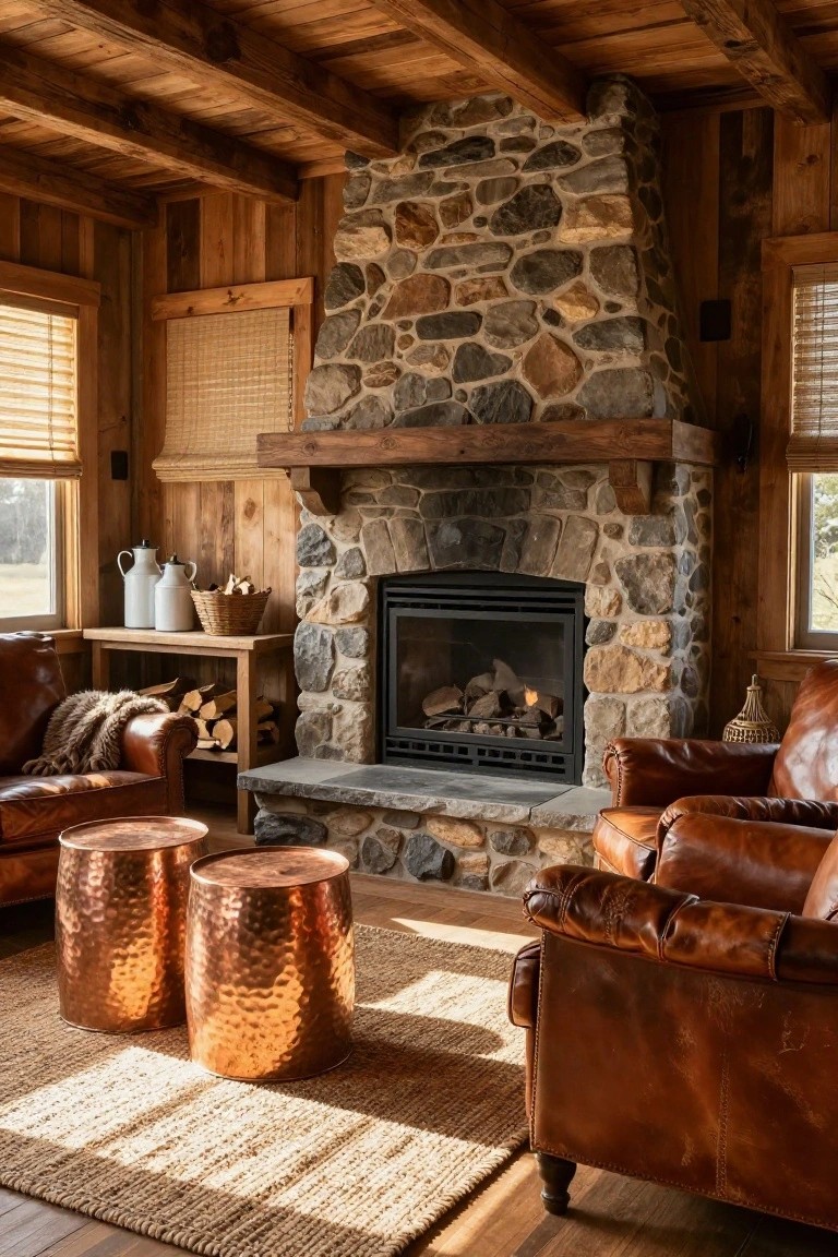 Wood-paneled room with tall irregular stone fireplace containing gas flames, two brown leather armchairs, two hammered copper stools, seagrass rug, firewood rack, and large windows letting in light.