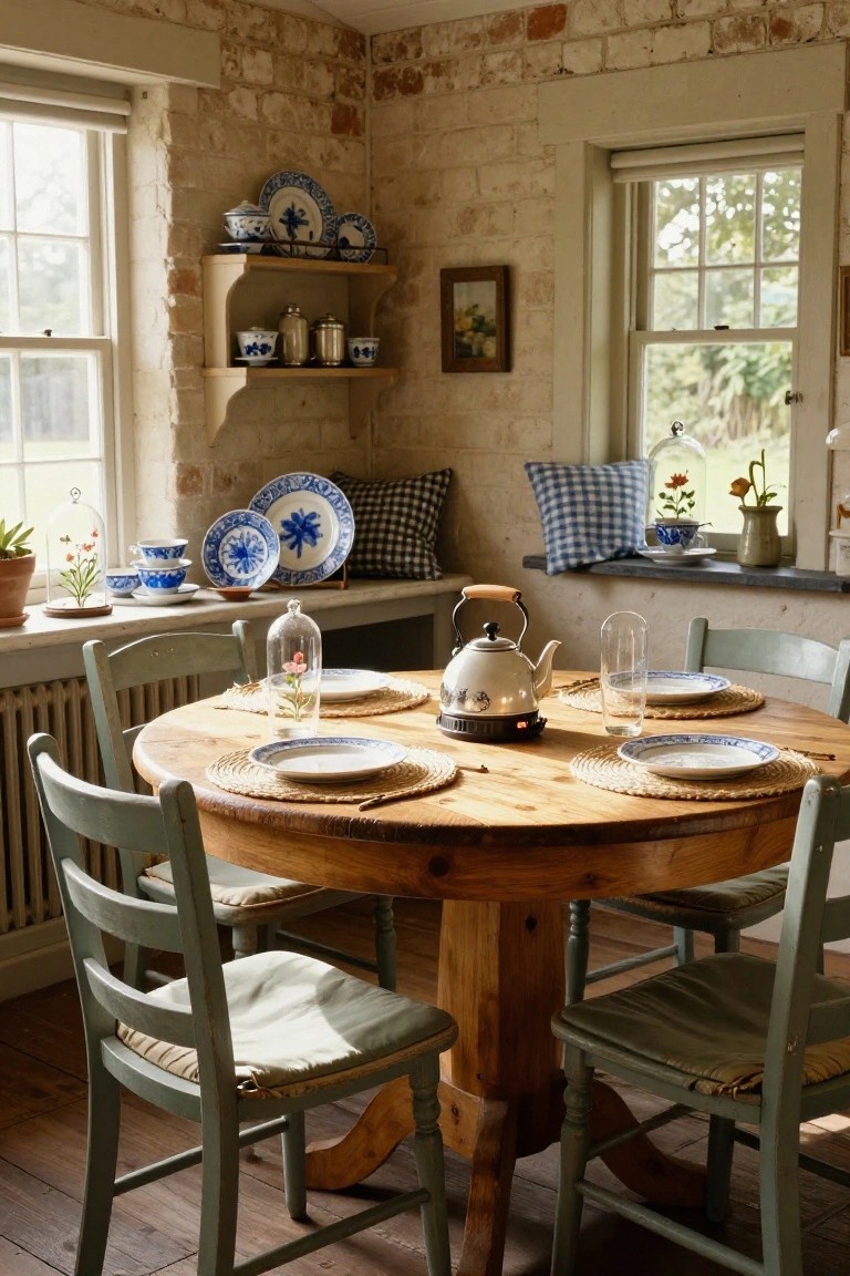 Cozy indoor kitchen nook with exposed brick walls, wooden radiator, round oak table set with blue and white plates and glasses, open shelves displaying blue and white china, glass cloches with flowers, and potted plants on windowsills.