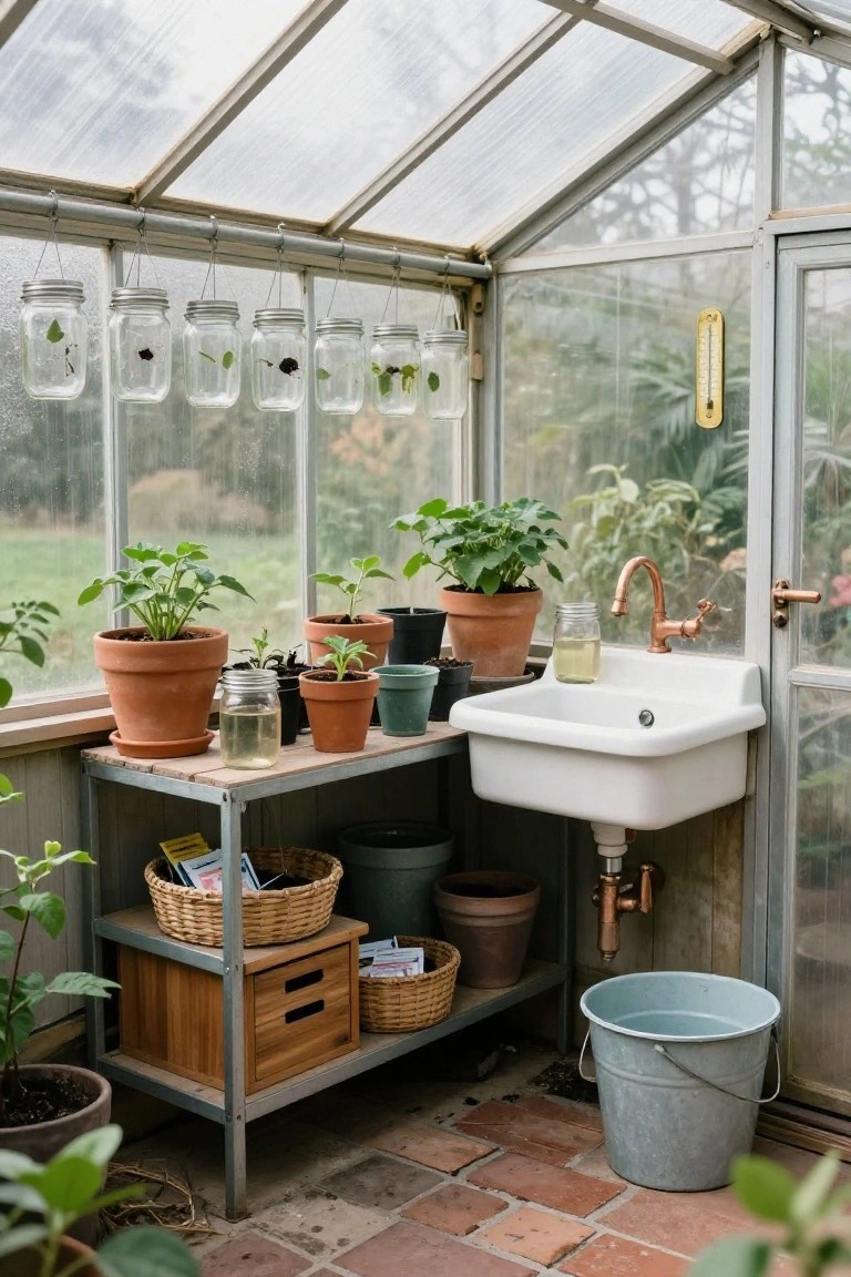 Glass-walled greenhouse interior with wooden workbench holding potted plants, white porcelain sink with copper faucet, metal shelves stocked with pots and baskets, and mason jars hanging from beams.