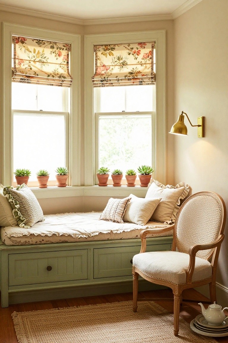 Bay window in a beige room featuring a built-in green window seat bench with cushions, potted succulents on the sill, floral Roman shades, a cane armchair, gold wall lamp, jute rug, and teapot with plates on the floor.