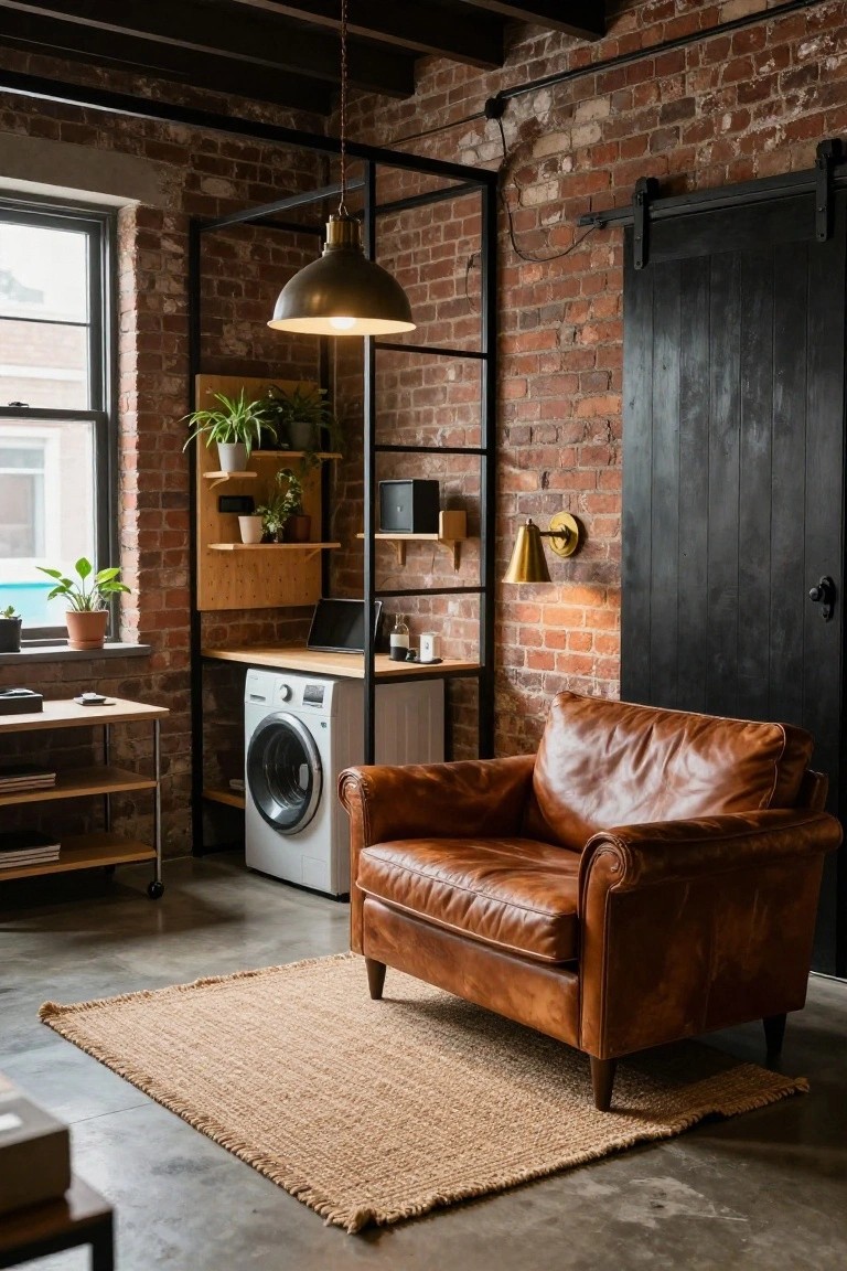 Exposed brick basement room with black metal shelving unit integrating a white front-loading washer, wooden desk top, potted plants, tan leather armchair on seagrass rug, and brass pendant light.