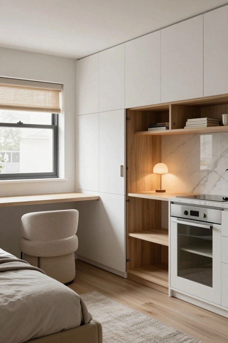 Compact studio interior with tall white built-in cabinets featuring oak wood inserts, integrated kitchen, desk, bookshelves, puffy chair, bed, and marble backsplash on a light wood floor.