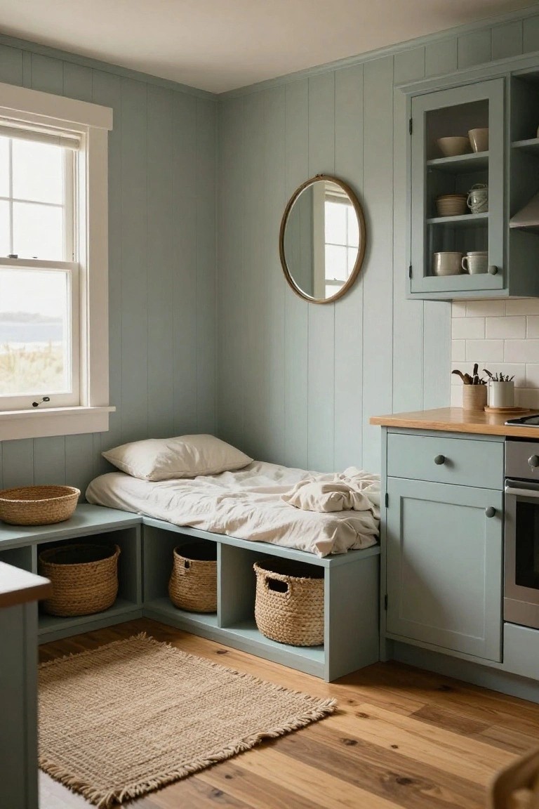 Cozy corner kitchen with light blue walls, a bed, baskets, and wooden accents.