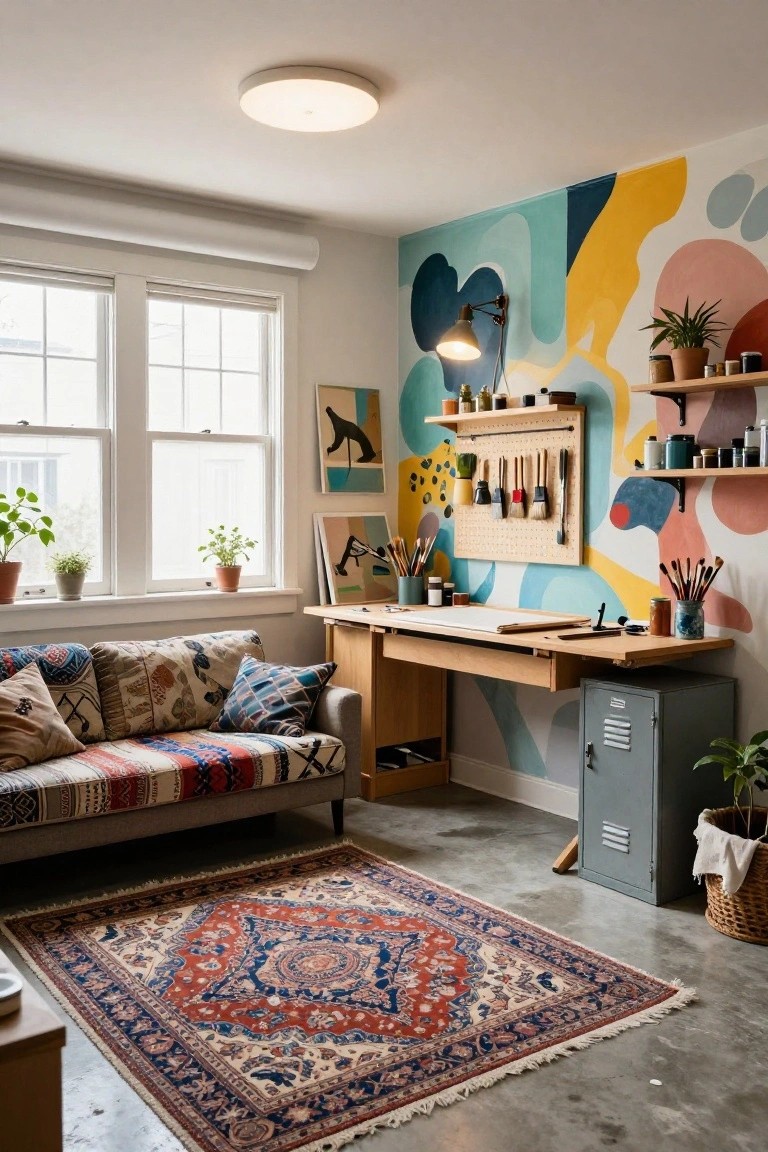 Small indoor artist's studio with vibrant abstract mural on one wall, wooden drafting table, pegboard holding paintbrushes, shelves with jars, potted plants, colorful sofa, metal cabinet, and patterned rug on concrete floor.