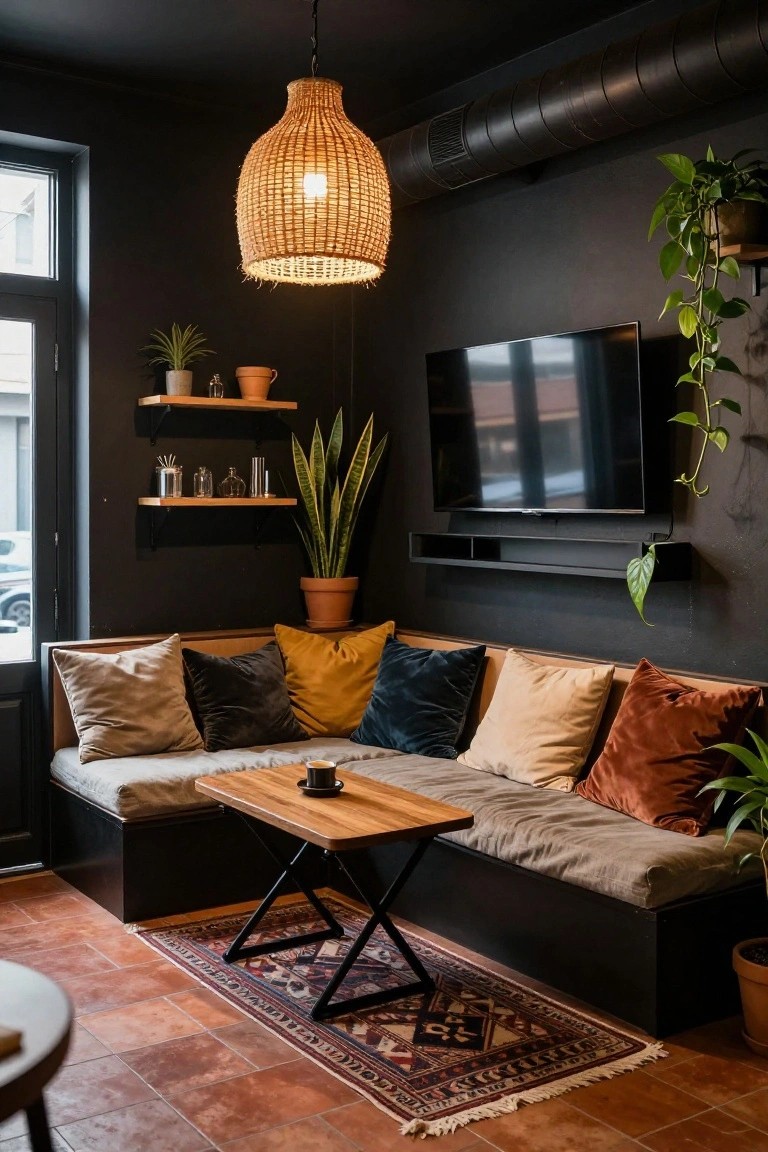 Dark corner room with built-in bench seating covered in assorted colorful cushions, wooden coffee table, potted plants, hanging rattan lamp, wall-mounted TV, and black walls.
