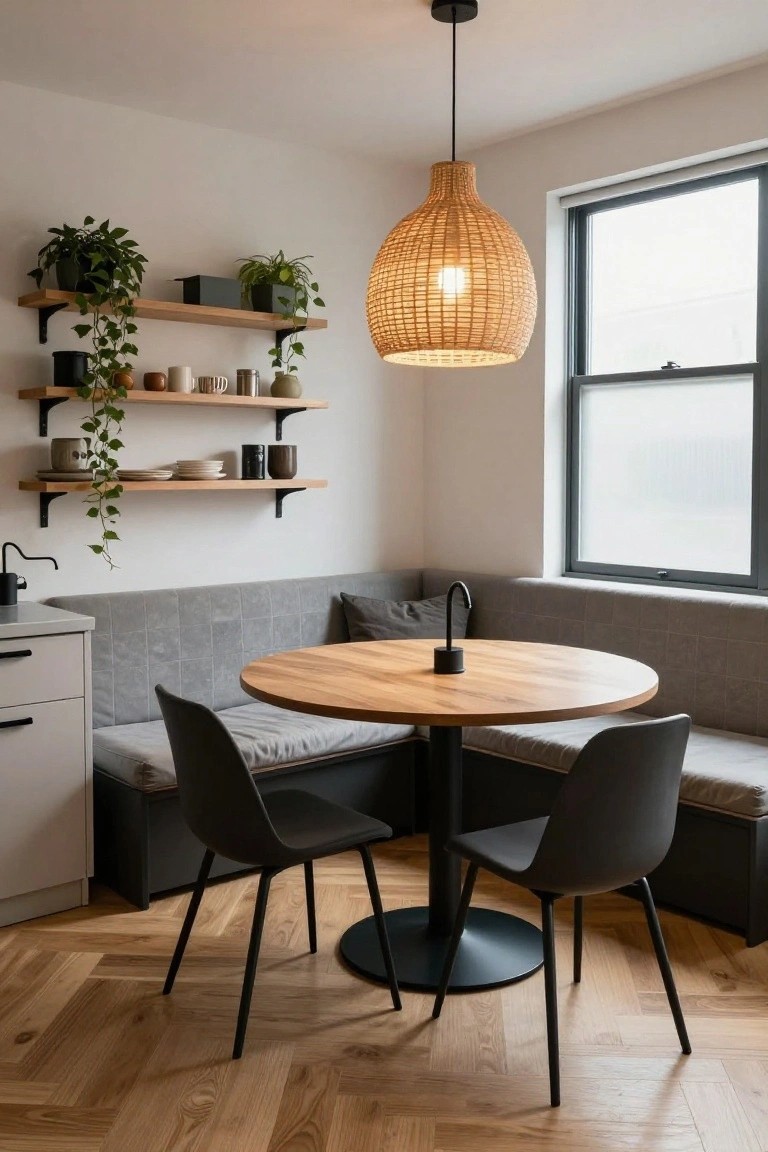 Small kitchen corner with gray booth seating along two walls, round wooden table with black chairs, wall shelves holding plants and ceramics, rattan pendant light overhead, and a nearby window.