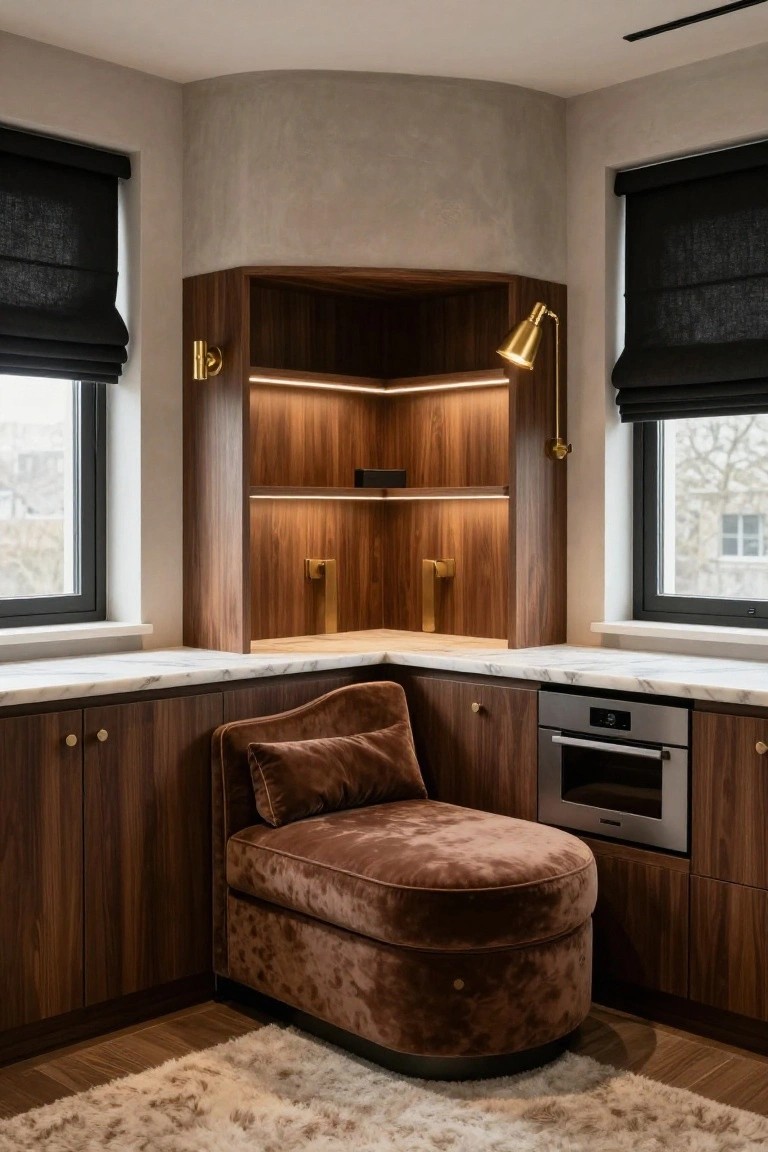 Corner of a modern kitchen with walnut wood cabinets, white marble countertop, built-in oven, illuminated open shelves, gold wall lamp and faucet, black roller blinds on two windows, and a round brown velvet ottoman chair on a light fluffy rug.