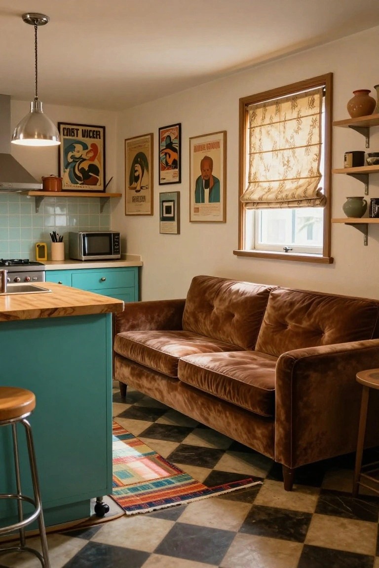 Kitchen-living area with teal cabinets and island, brown tufted velvet sofa adjacent to island, checkered tile floor, wooden bar stool, retro posters on walls, and window with sheer shade.