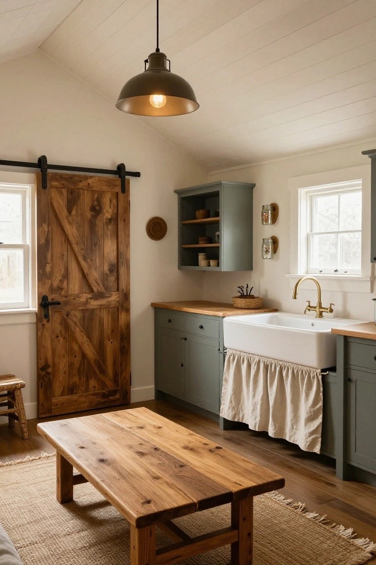 Small cozy kitchen interior with white vaulted ceiling, sage green cabinets, white apron-front sink with gathered beige fabric skirt, wooden sliding barn door, wood countertop, low wooden table on jute rug, and brass faucet.