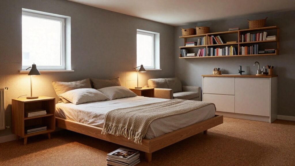 Small indoor studio room featuring a wooden bed with white linens, adjacent white kitchen cabinets with oak tops, open wooden shelves stocked with books and baskets, a radiator, and a window with plants.
