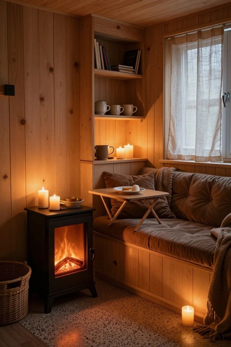 Wood-paneled room interior with black corner stove burning, built-in cushioned bench with blanket, small wooden table, candles, shelves holding books and mugs, and window with sheer curtains.