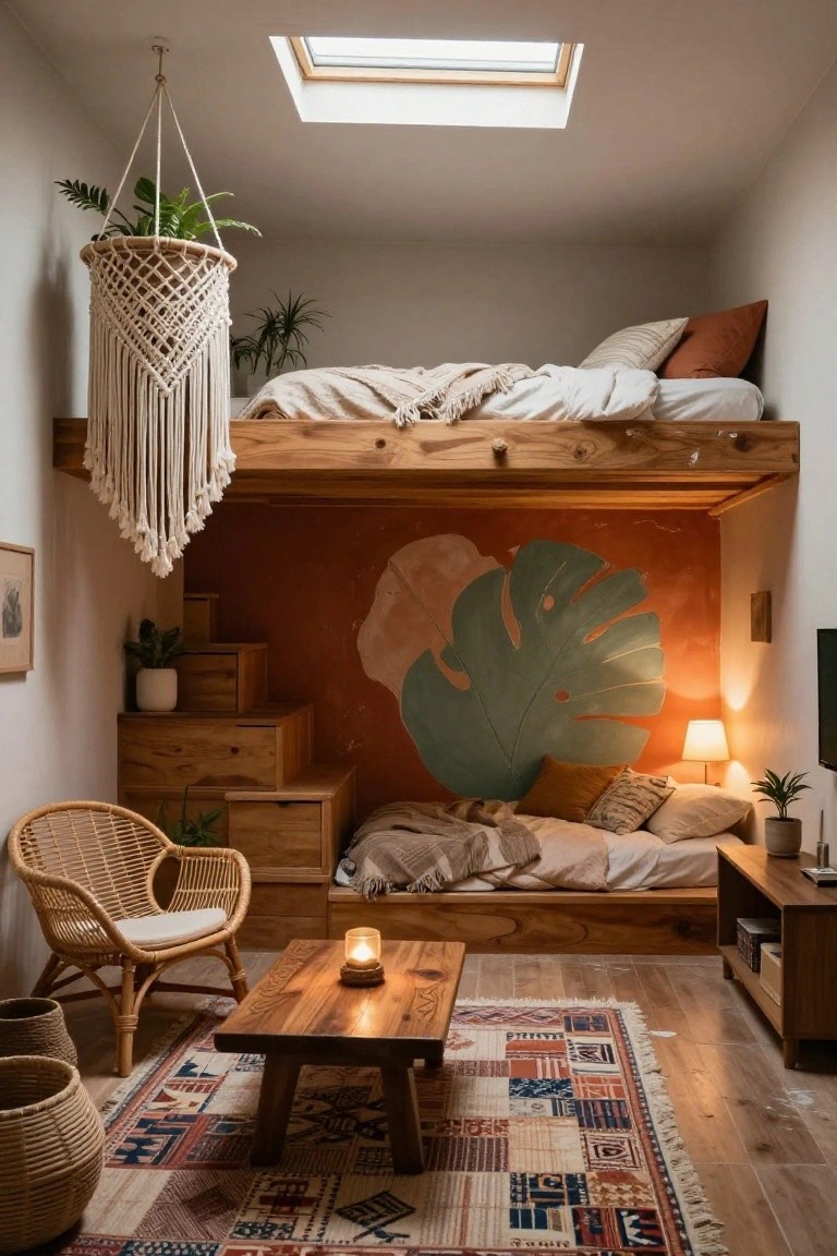 Small indoor studio with wooden loft bed accessed by stairs with drawers, orange wall with green leaf mural, rattan chair, low wooden table with candle, plants, and patterned rug on wood floor.