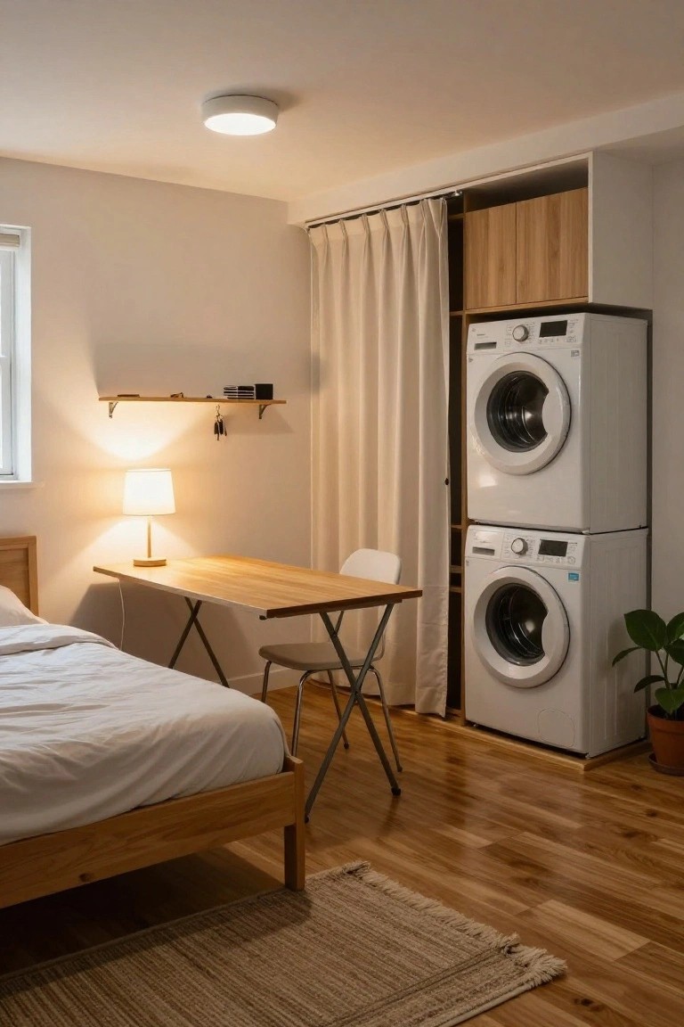 Small indoor studio bedroom with wooden bed and desk, white stacked washer-dryer units built into wooden cabinets, beige curtains, lamp on shelf, and potted plant on floor.