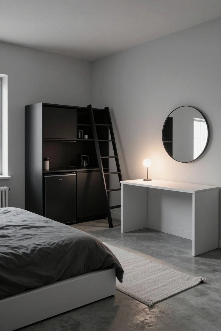 Compact studio room with tall black cabinet unit featuring ladder access to upper shelves, mini-fridge base, white desk nearby, platform bed, and polished concrete floor.