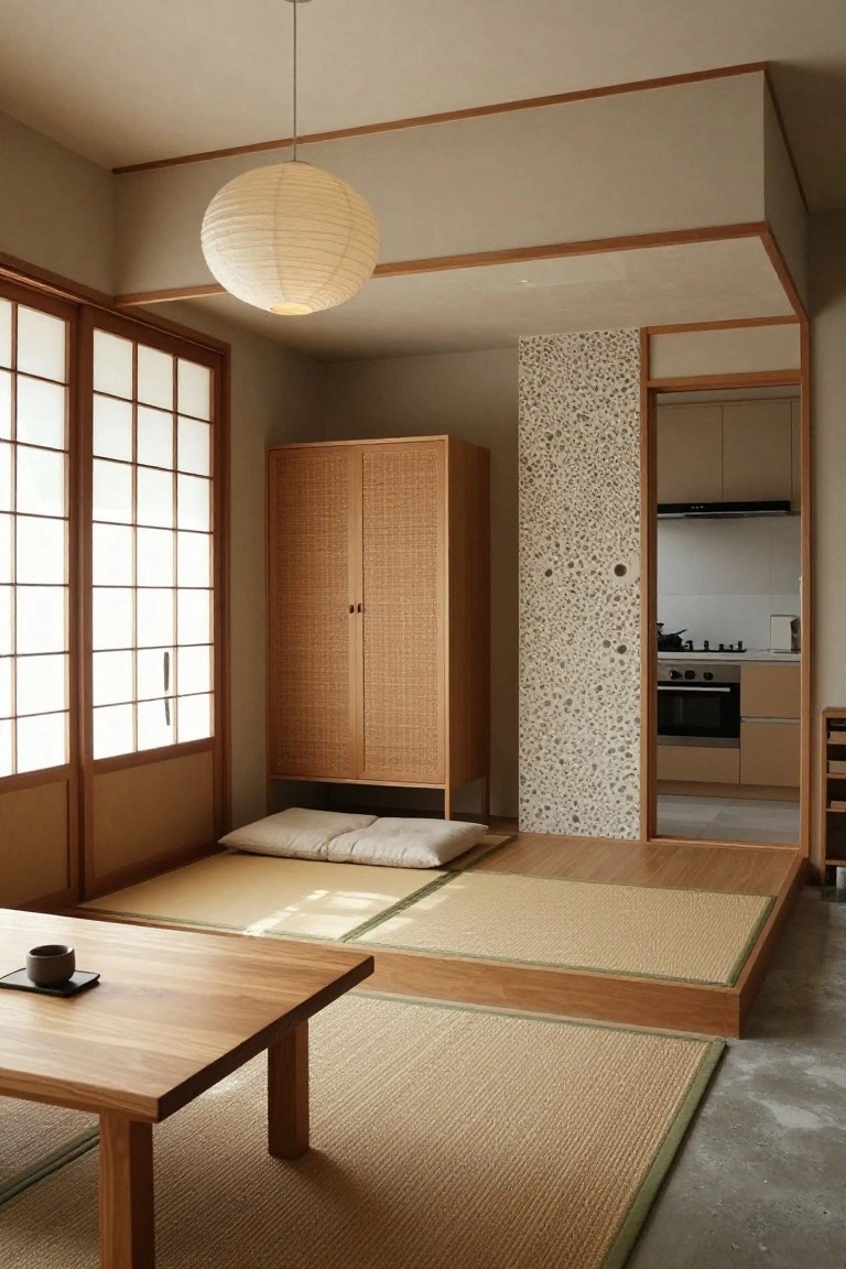 Small Japanese-style interior room with beige tatami mats on a raised wooden platform, low wooden table with teacup and saucer, rattan wardrobe, shoji screens, and textured wall panels near a kitchen glimpse.